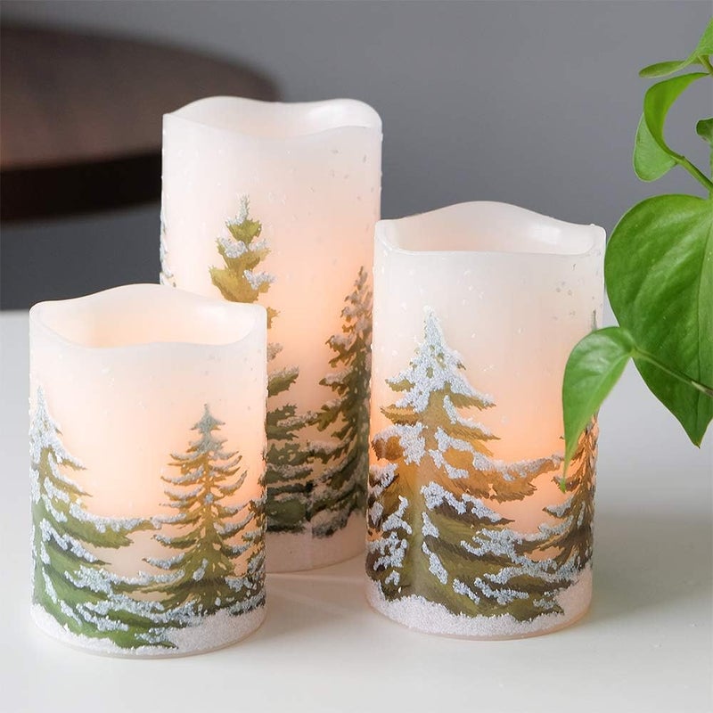 DRomance Christmas Flameless Candles with 6 Hour Timer, 3 Pack Real Wax LED Pillar Candles Warm Light Flickering Holiday Decor(Green Christmas Tree, 3 x 4,5,6 Inches) - Image 4